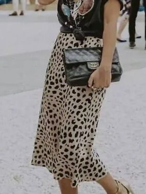 Animal Print Satin Midi Skirt in Beige and Black